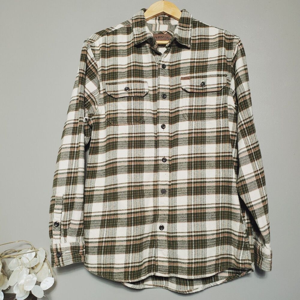 Orvis Button Shirt Size Medium Green Plaid Flannel Heavyweight Workwear Outdoor
